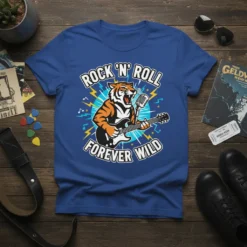 Rock 'N' Roll Forever Wild t-shirt design with a tiger playing a guitar and singing into a microphone, set against