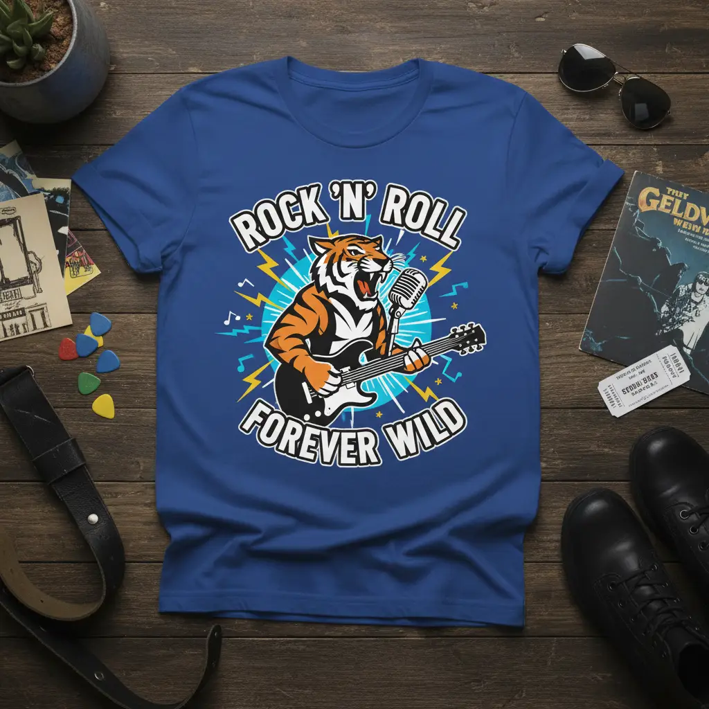 ROCK 'N' ROLL FOREVER WILD text with a tiger playing guitar and singing into a microphone graphic