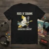 T-shirt featuring a cartoon cockatoo playing guitar with "ROCK 'N' SQUAWK COCKATOO CONCERT" text and a drum set
