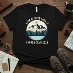 Rock of Hope Church Camp 2023 t-shirt with mountain and cross graphic