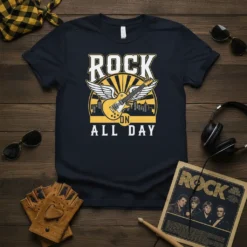 Rock On All Day t-shirt with winged electric guitar graphic, sunburst, and city skyline