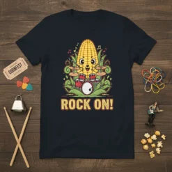 Rock On Corn T-Shirt featuring a kawaii corn character playing a drum set with musical notes