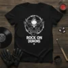 Black t-shirt with "Rock On Demons" text, a flaming skull, pentagram, and barbed wire graphic