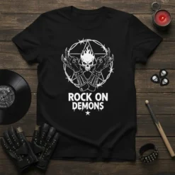 Black t-shirt with "Rock On Demons" text, a flaming skull, pentagram, and barbed wire graphic