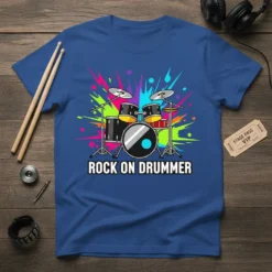 Rock On Drummer t-shirt design featuring a colorful drum set graphic and bold text