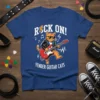 Rock On Fender Guitar Cats t-shirt design featuring a cool cat playing a red electric guitar with sunglasses and a