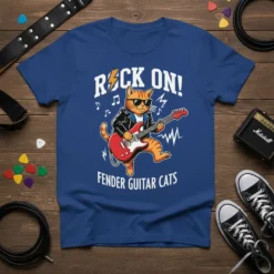 Rock On Fender Guitar Cats t-shirt design featuring a cool cat playing a red electric guitar with sunglasses and a