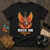 Rock On Forever t-shirt with a graphic of a guitar with wings and flames