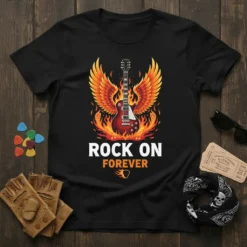 Rock On Forever t-shirt with a graphic of a guitar with wings and flames