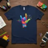 Colorful rock on hand gesture with music notes and sound waves graphic on a navy t-shirt