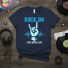 Rock On Love Music Life t-shirt design with blue text, a hand making the rock sign, and a heartbeat line