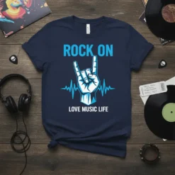 Rock On Love Music Life t-shirt design with blue text, a hand making the rock sign, and a heartbeat line