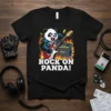 Black t-shirt with "Rock On Panda!" text and a cartoon panda playing an electric guitar with flames and amplifiers
