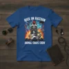Rock On Raccoon Animal Chaos Crew t-shirt with a punk raccoon playing guitar amidst flames and lightning