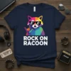 Colorful geometric raccoon wearing sunglasses and making a rock on hand gesture, text says ROCK ON RACOON