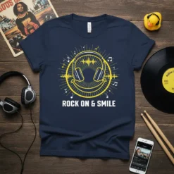 Rock On & Smile graphic tee with yellow headphones, sound waves, and musical notes on a navy blue shirt