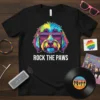 Black t-shirt with "ROCK THE PAWS" text and a colorful dog wearing sunglasses graphic