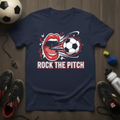 Soccer t-shirt with "Rock The Pitch" text and a graphic of lips kicking a soccer ball