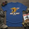 Motocross helmet graphic with "Rock The Roost No Limits" text on a blue t-shirt, featuring dirt bike racing theme