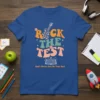 Retro "Rock The Test Don't Stress Just Do Your Best" t-shirt design with a checkered guitar and open book graphic