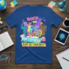 Rock the Test Don't Stress Just Do Your Best quote on a blue t-shirt with rocket and globe graphics