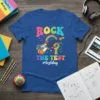 Blue t-shirt with "ROCK THE TEST #testday" text, a rainbow, and a guitar held like a pencil