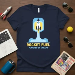 Rocket Fuel Powered By Dreams t-shirt with a rocket launching through clouds. Motivational quote in bold lettering