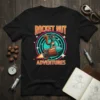 Rocket Nut Adventures t-shirt design featuring a cartoon squirrel riding a rocket ship with stars and planets