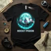 Rocket Pigeon T-Shirt design featuring three pigeons perched on a branch under a glowing moon with turquoise fire effects