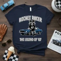 T-shirt design featuring "ROCKET RACER 67 THE LEGEND OF '67" with a raccoon in sunglasses and a 1967 Mustang graphic
