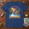 Rocket Ship and Coconut Drink Holidays in Space t-shirt design with Santa on a surfboard