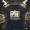Rocket to the Stars! Future is Now! text on a navy t-shirt with a retro TV graphic showing a woman