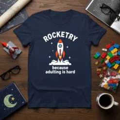 Rocketry because adulting is hard text with a graphic of a rocket launching, on a navy t-shirt