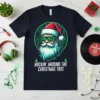 Rockin' Around the Christmas Tree Santa Claus graphic tee with futuristic green sunglasses and circuit board details