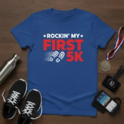 Blue t-shirt with red and white text "ROCKIN' MY FIRST 5K" and running shoe footprints graphic