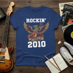 Rockin' Since 2010 T-Shirt featuring a phoenix holding a guitar and flames, white text on navy blue shirt