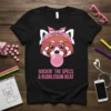 Red panda wearing pink glasses and bandana, blowing bubblegum, with text ROCKIN' THE SPECS & BUBBLEGUM BEAT