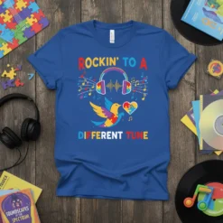 Blue t-shirt with "Rockin' To A Different Tune" text, headphones, bird, and music notes, featuring autism puzzle pieces