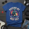 Rocking My Best Self quote with a robotic bear playing guitar on a blue t-shirt
