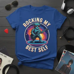 Rocking My Best Self quote with a robotic bear playing guitar on a blue t-shirt