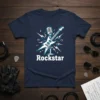 Rockstar graphic tee with electric guitar, vintage microphone, musical notes, and lightning bolts