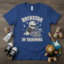 Rockstar In Training text with cartoon baby playing guitar and drums on a blue t-shirt