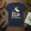 Rocky Mountain Ram text with illustration of a ram standing on rocks, navy t-shirt design