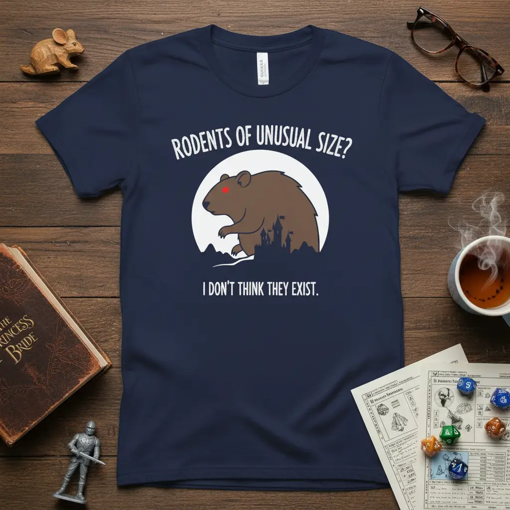 Rodents of Unusual Size I Don't Think They Exist quote with cartoon rodent graphic on navy t-shirt
