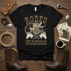 Rodeo Grandma t-shirt design featuring a cowboy hat, belt buckle, and horse heads with crossed lassos