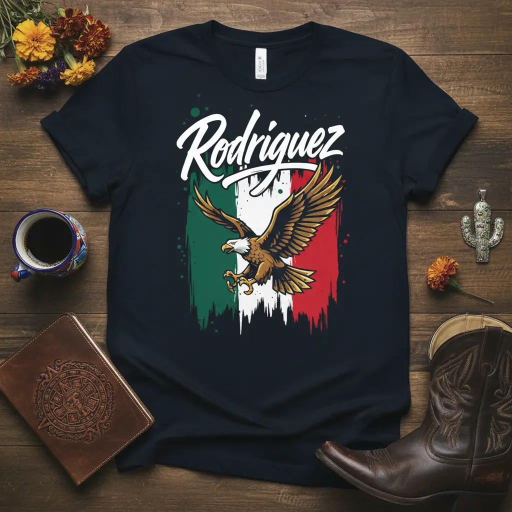 Rodriguez surname bold white text with Mexican flag backdrop and flying eagle graphic