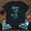 Roller BOY design on a black t-shirt featuring a cartoon boy inline skating in protective gear, green text "Roller" above