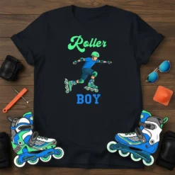 Roller BOY design on a black t-shirt featuring a cartoon boy inline skating in protective gear, green text "Roller" above