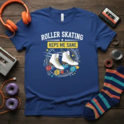 Roller Skating Keps Me Sane t-shirt with retro white roller skates and colorful accents