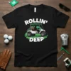 Rollin' Deep text with a golf cart graphic on a black t-shirt, perfect for golfers